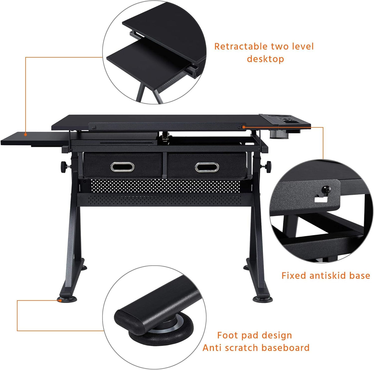 Height Adjustable Drafting Desk with Tiltable Tabletop and 2 Storage Drawers E668