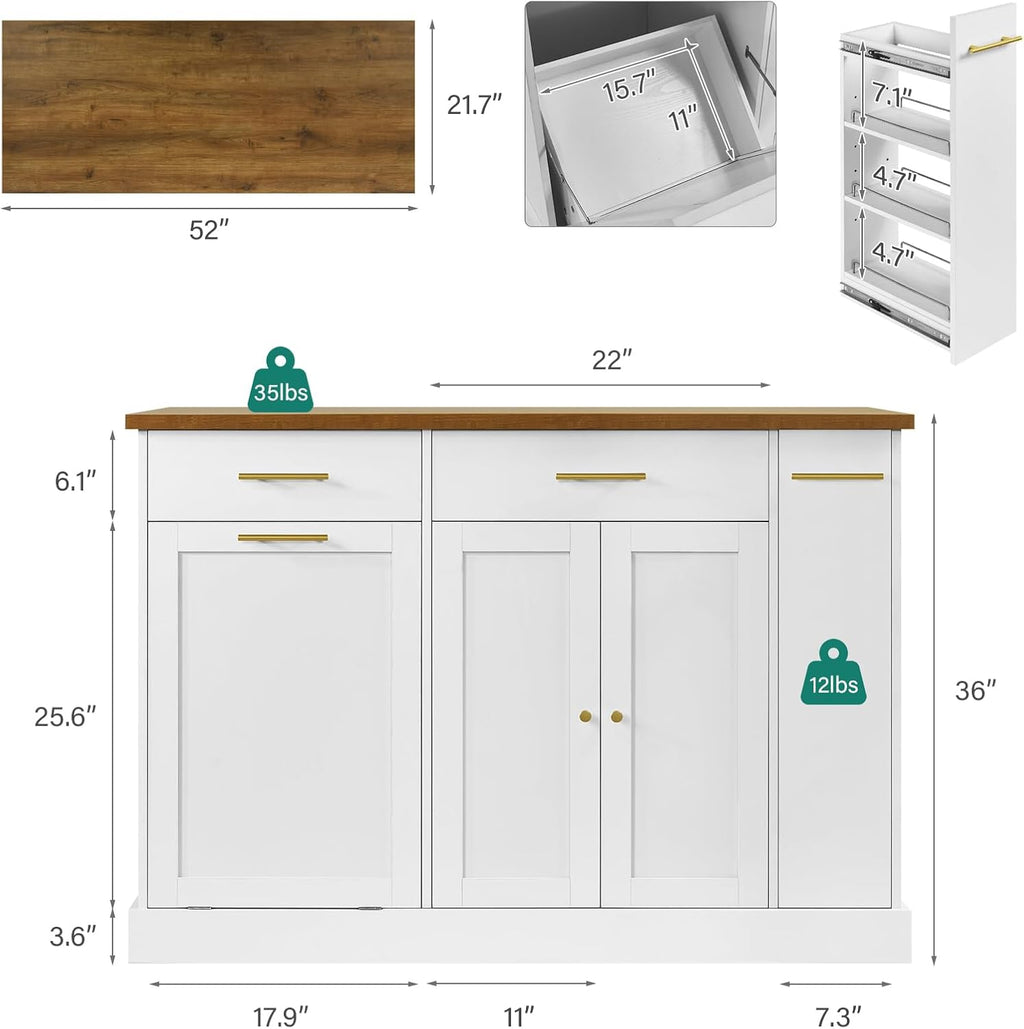 White Rolling Kitchen Island with Pull Out Spice Rack and Trash Can Cabinet O897