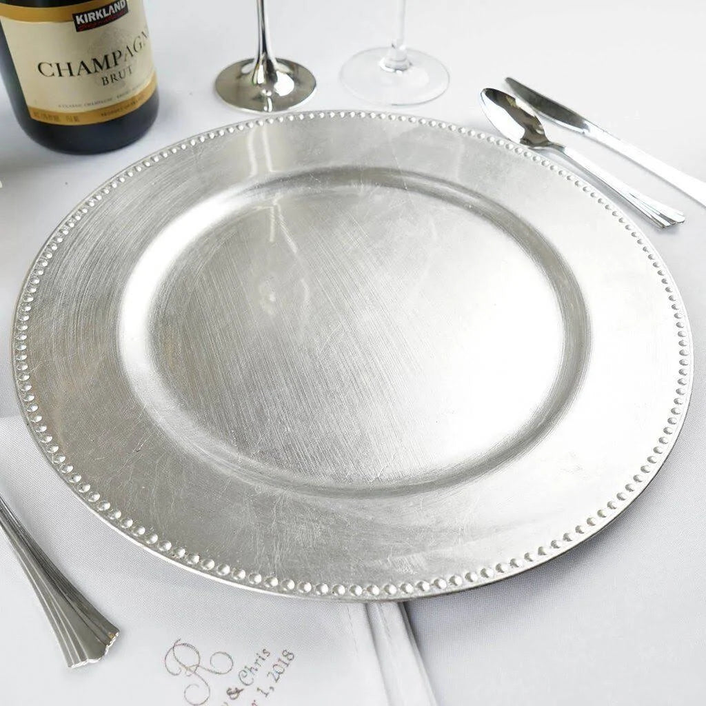 24 Pcs 13-inch Silver Crystal Beaded Round Charger Plates I31352