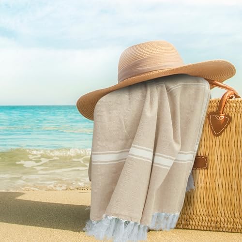 Oversized 100% Cotton Turkish Beach Towel, Pack of 2, Grey & Aqua Blue M87328