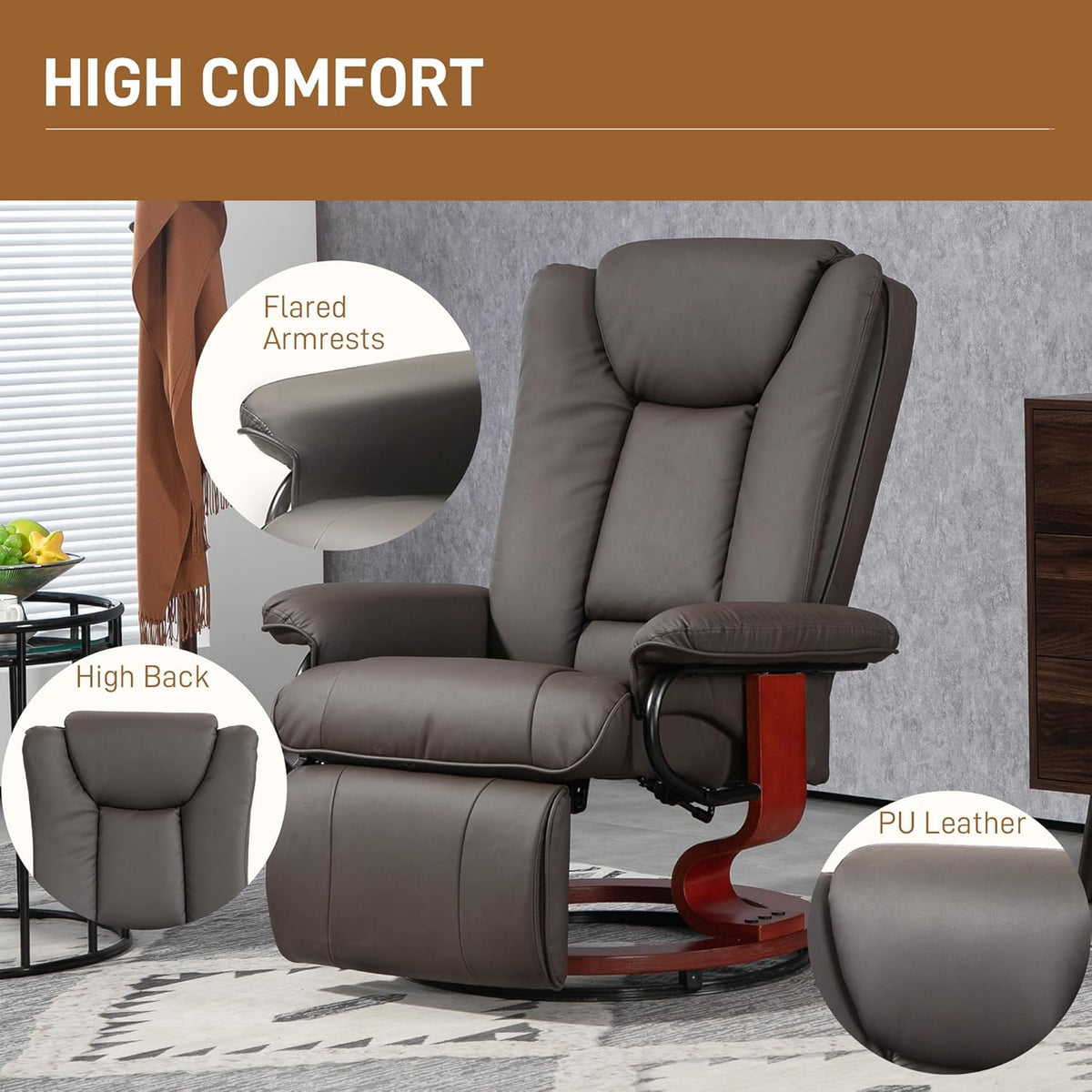 Brown PU Leather Manual Swivel Recliner Chair with Footrest M15141