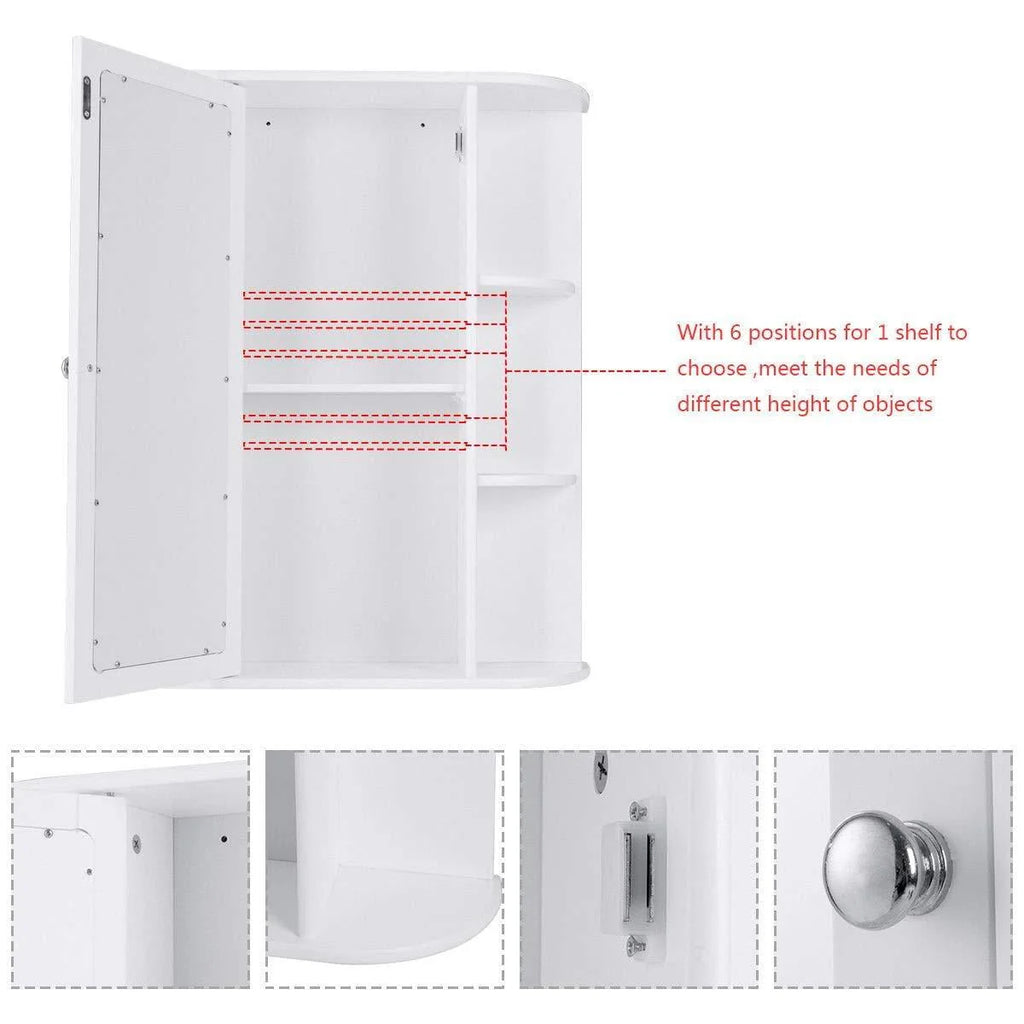 White Wooden Bathroom Storage Cabinet with Mirror Door & 8 Shelves L64961