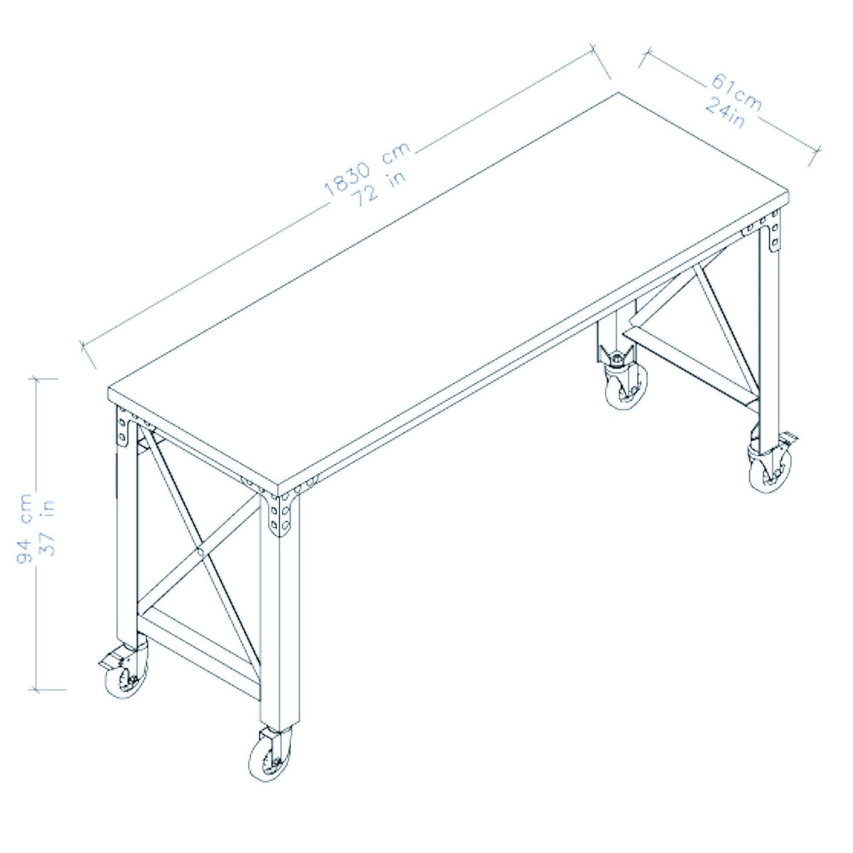 Rolling Industrial Desk with Wooden Top 46 x 24 Inches E46083