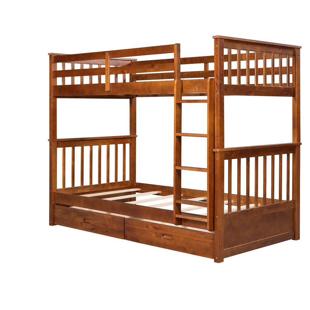 Solid Wood Twin Over Twin Bunk Beds with Storage Drawers N32140
