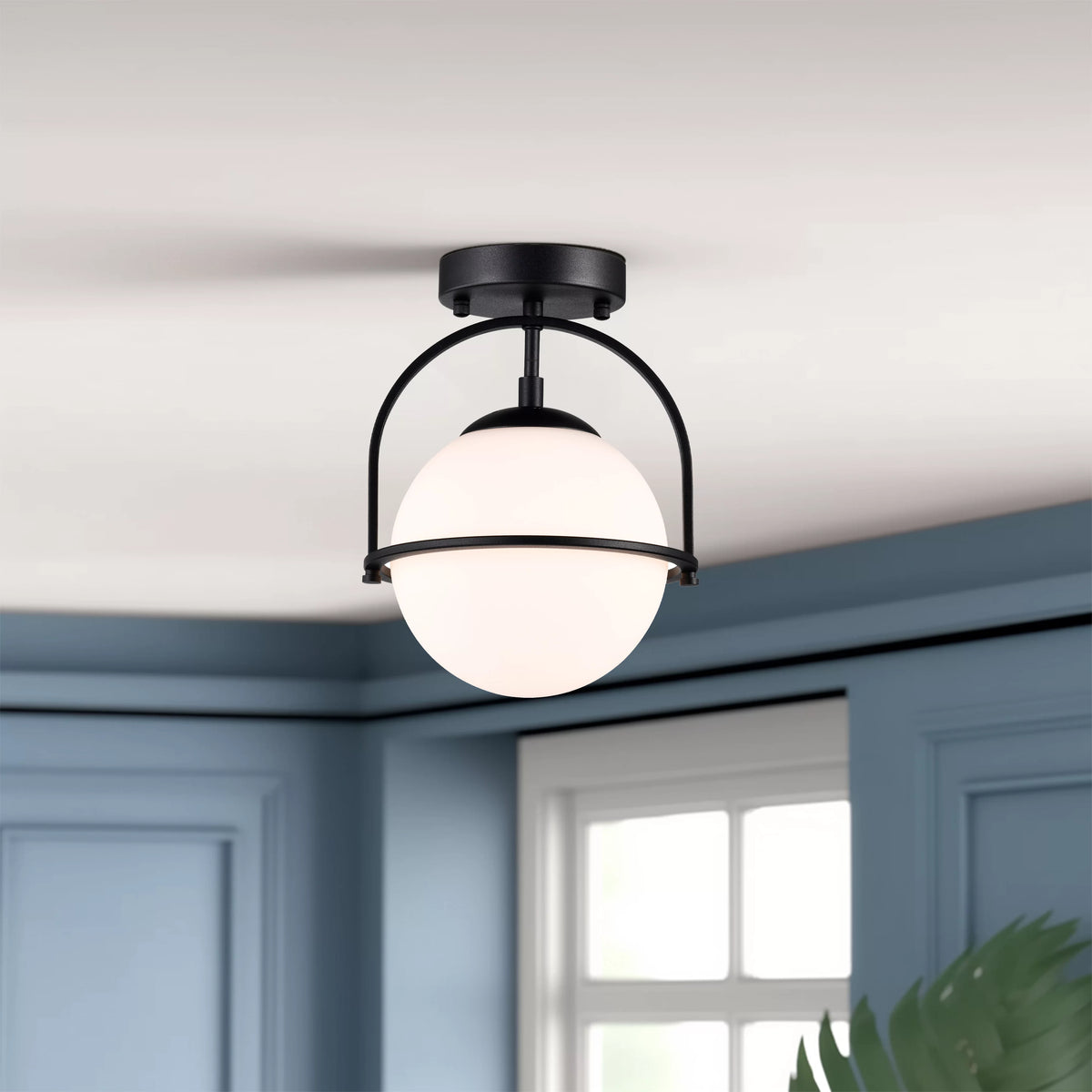 Black 1-Light Semi Flush Mount Ceiling Light with Opal Glass Shade Z63774