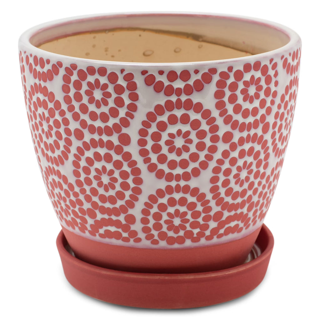 Red and White Ceramic Flower Pot Planter with Saucer H363