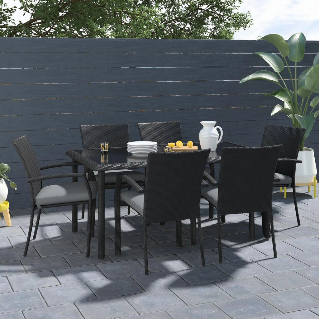 Black Wicker Dining Table with Glass Top and Umbrella Hole V788662