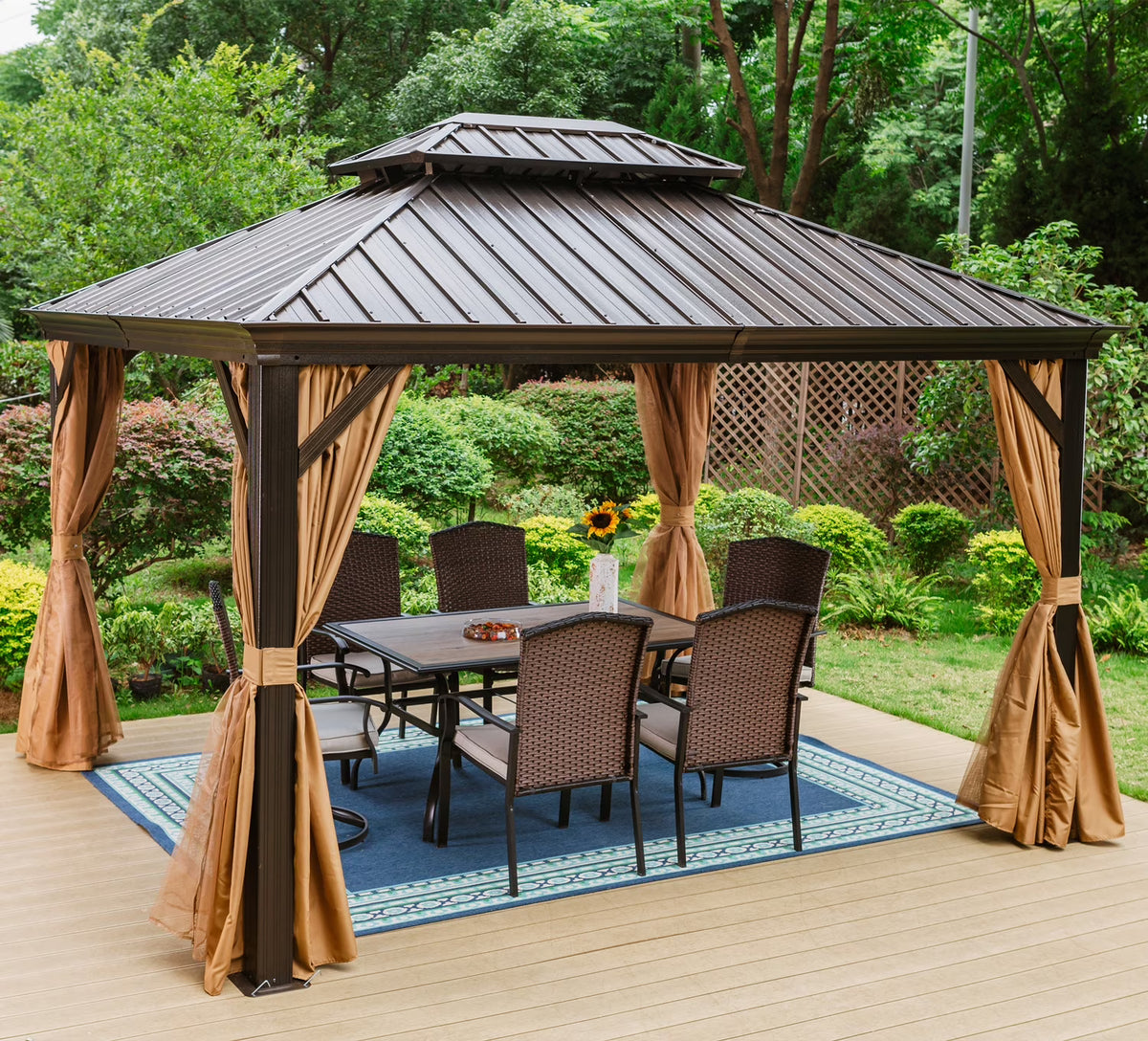 10' x 12' Hardtop Galvanized Steel Outdoor Gazebo with Netting and Curtains A97120