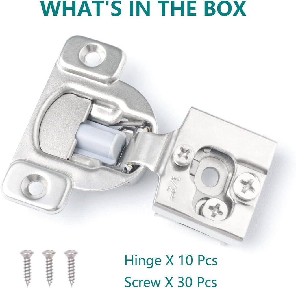 10 Pack Soft Close Cabinet Hinges, 1/2 Inch Overlay, Satin Nickel O220021