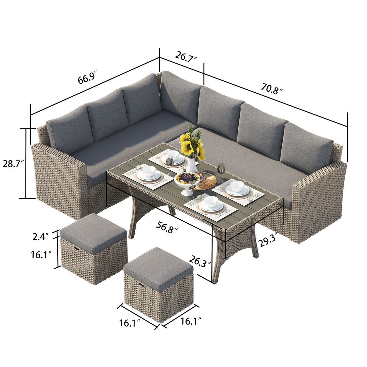 Cushioned Rattan Wicker 5-piece Patio Dining Sofa Set Dark Grey H830