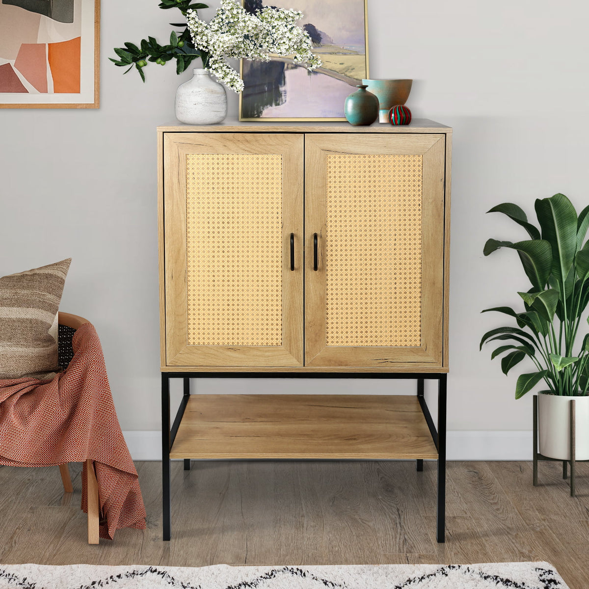 Wooden Cabinet with 2 Rattan Doors and Bottom Shelf M7105