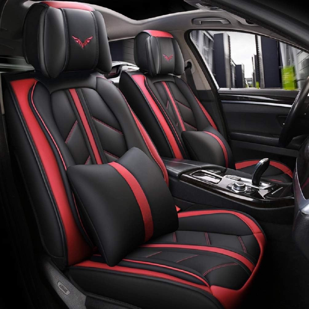 Black-red PU Leather Front and Rear Car Seat Cover Full Set V578328
