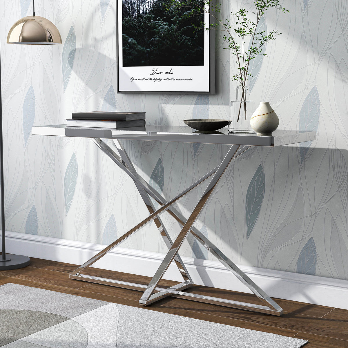 Indoor Metal and Mirror Top Chrome Sofa Table X709