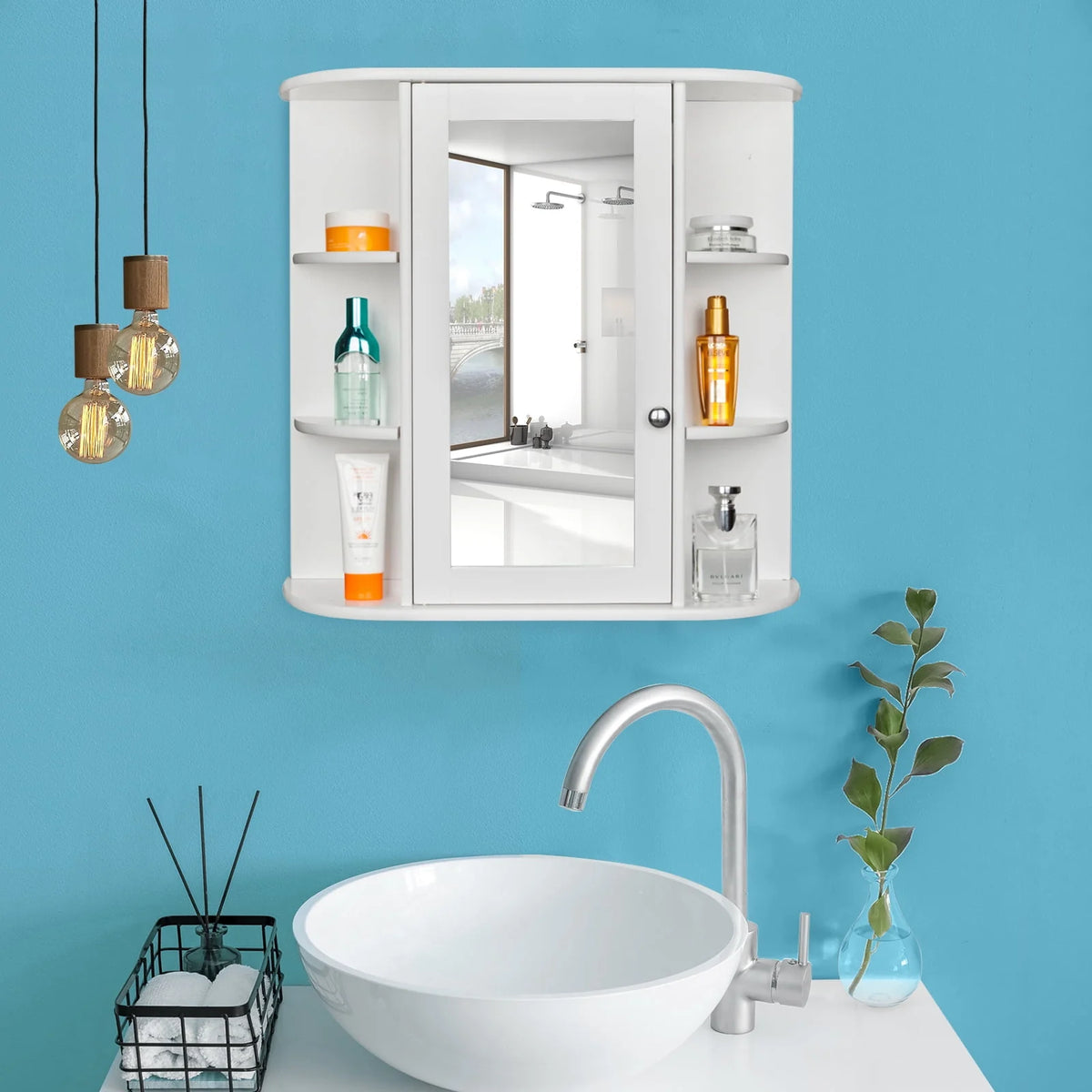 White Wooden Bathroom Storage Cabinet with Mirror Door & 8 Shelves L64961