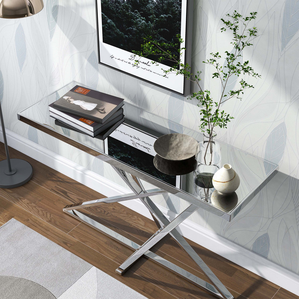 Indoor Metal and Mirror Top Chrome Sofa Table X709