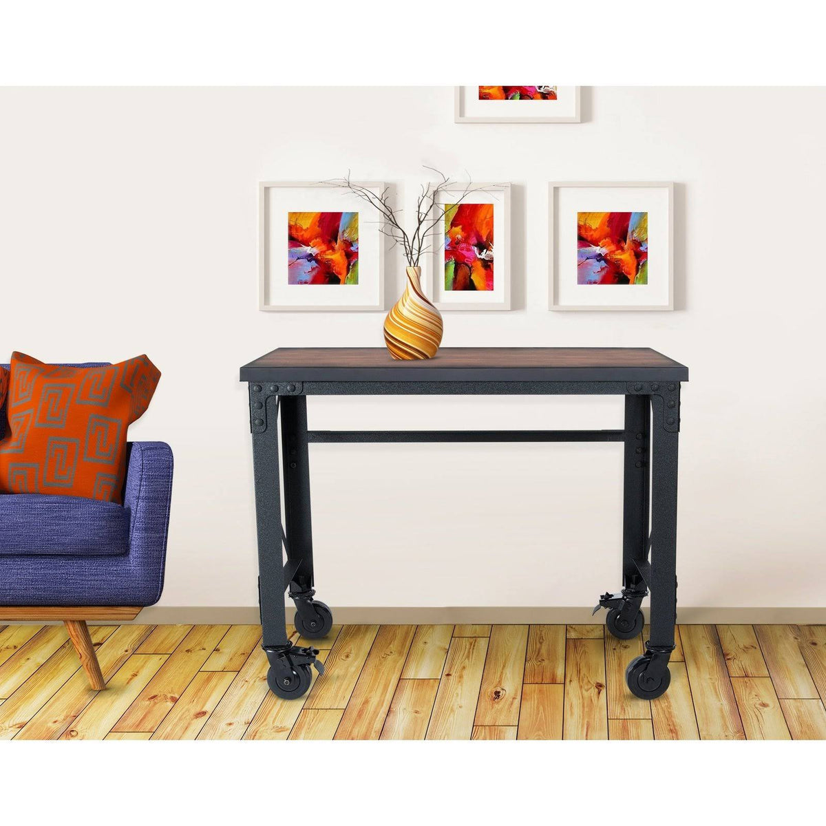 Rolling Industrial Desk with Wooden Top 46 x 24 Inches E46083