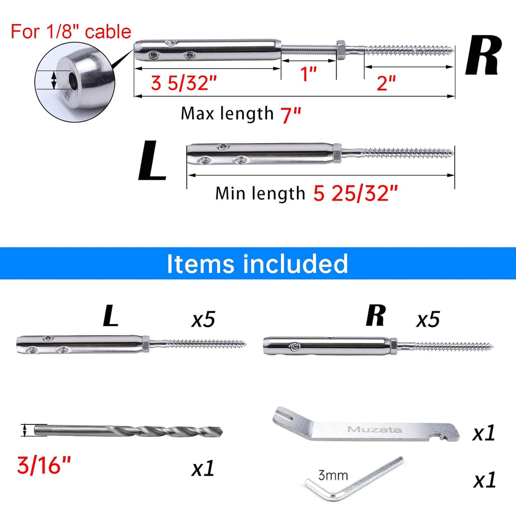 5 Pairs 1/8 T316 Stainless Steel Cable Railing Hardware Kit Q911891