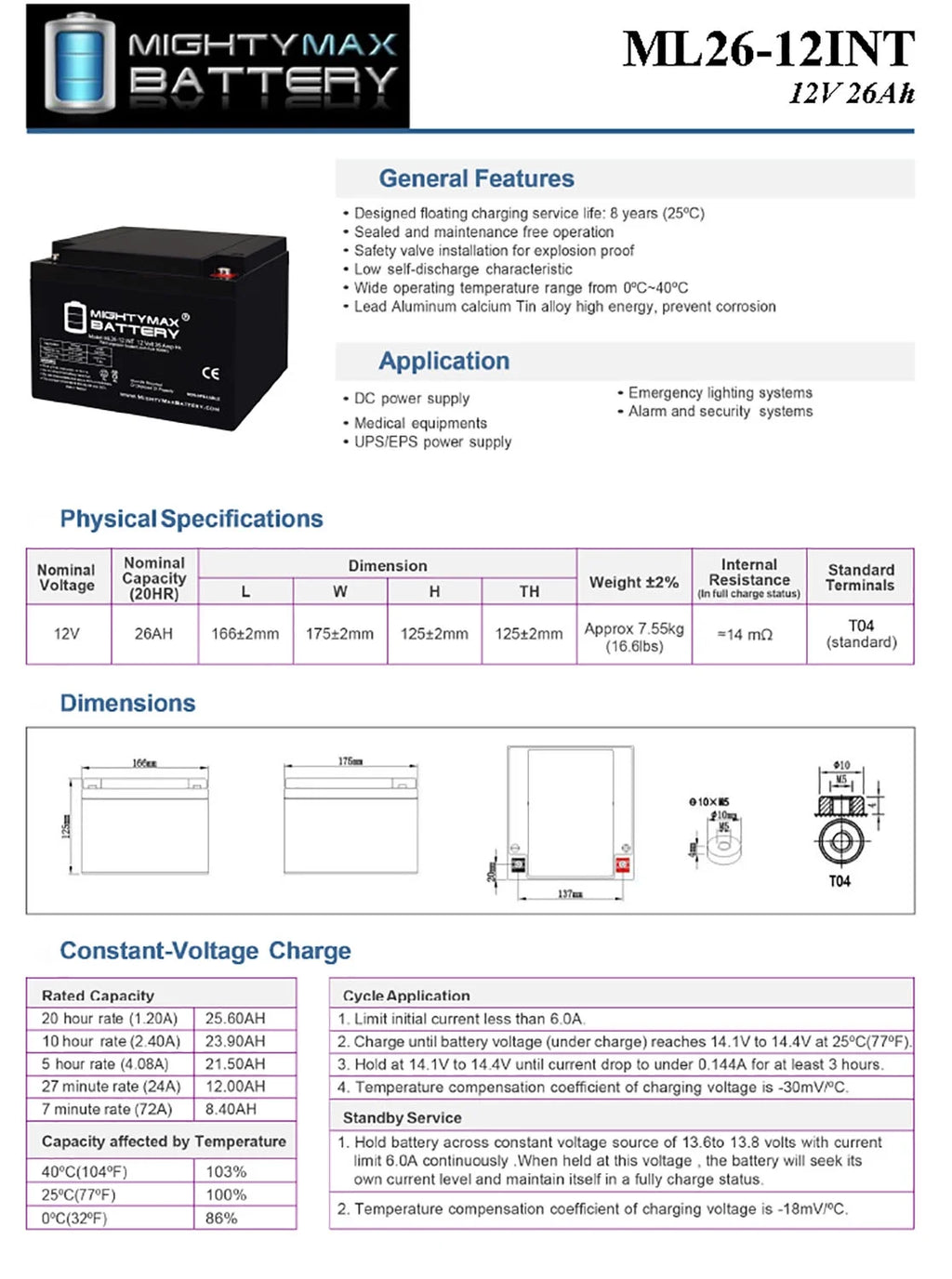 12V 26AH Replacement Battery N121908