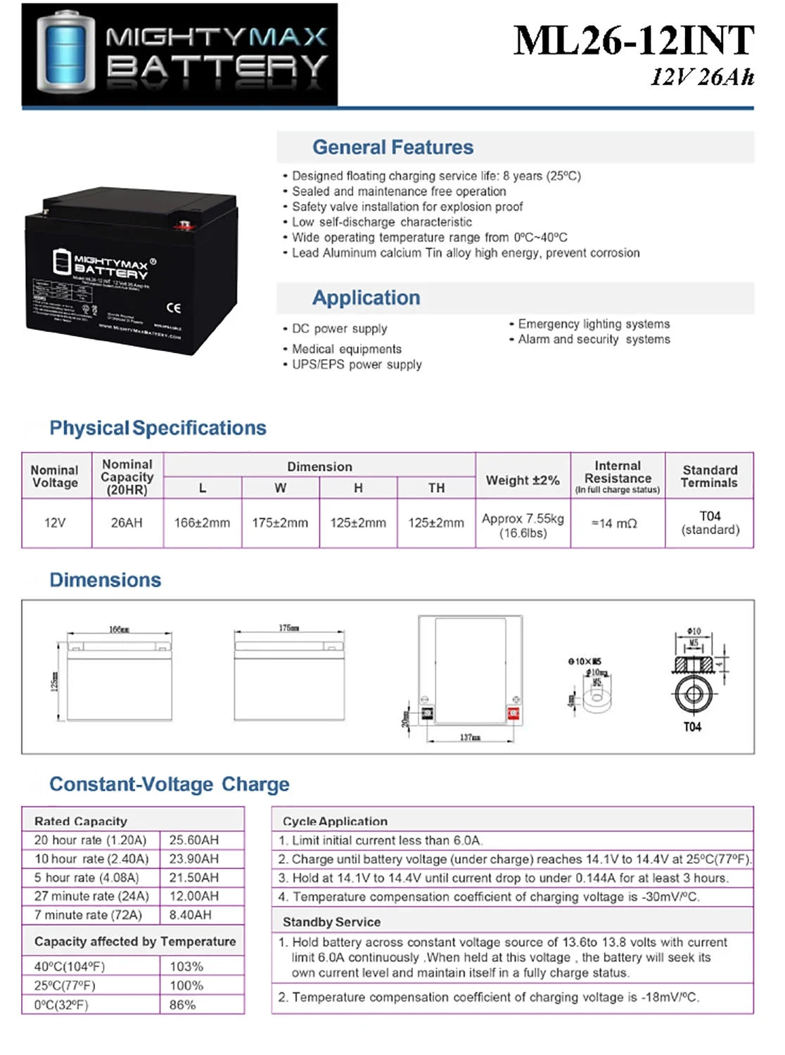 12V 26AH Replacement Battery N121908