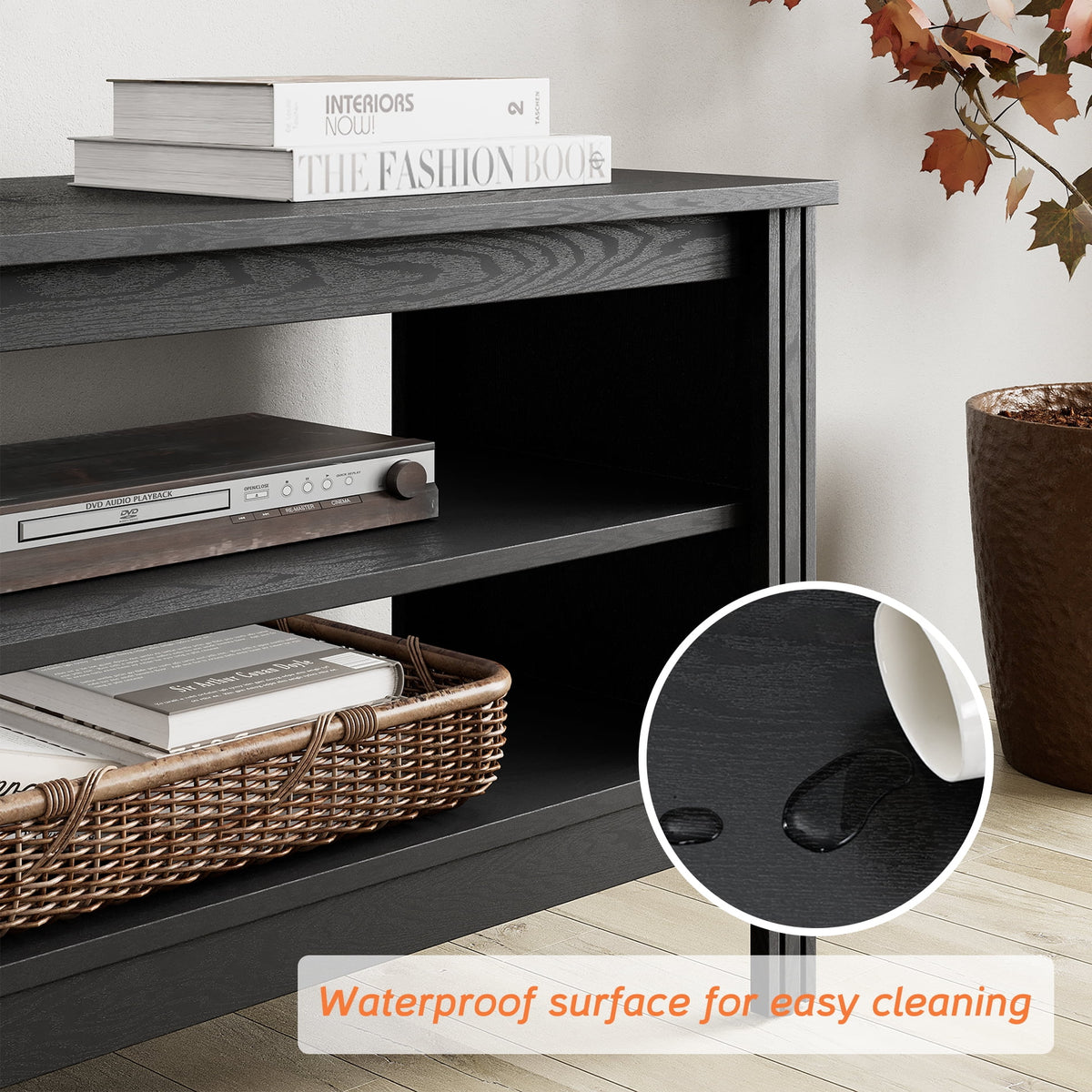 Black Wood TV Stand with 8 Storage P614375