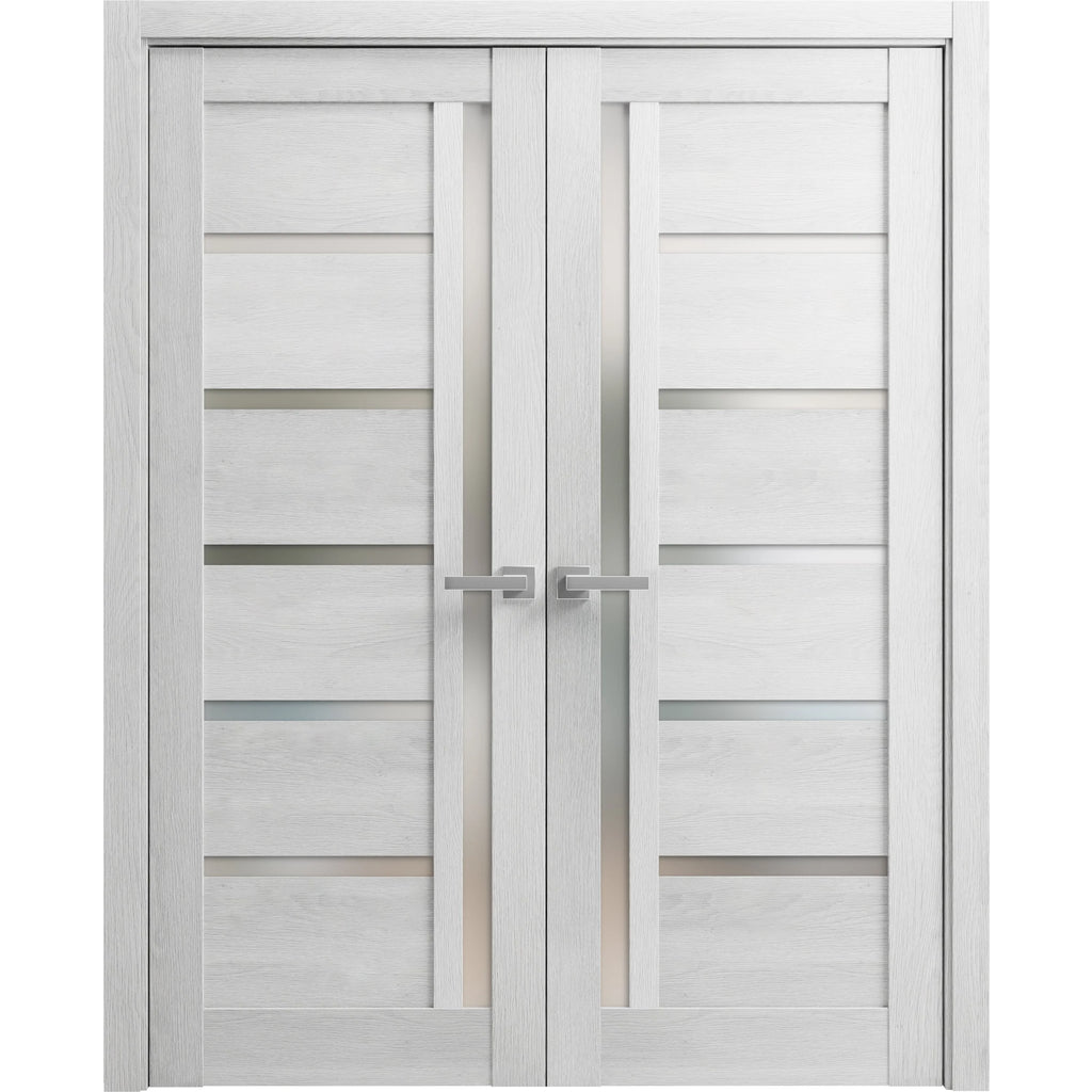 Solid French Double Doors 36 x 84 inches Light Grey Oak with Frosted Glass Wood Solid Panel Frame Trims N632