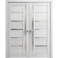 Solid French Double Doors 36 x 84 inches Light Grey Oak with Frosted Glass Wood Solid Panel Frame Trims N632