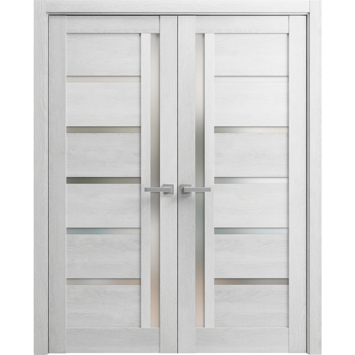 Solid French Double Doors 36 x 84 inches Light Grey Oak with Frosted Glass Wood Solid Panel Frame Trims N632