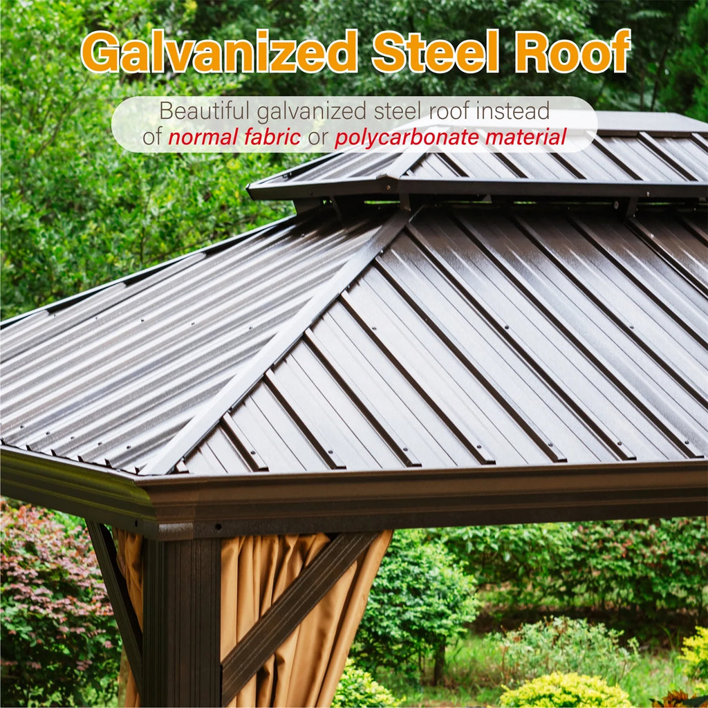 10' x 12' Hardtop Galvanized Steel Outdoor Gazebo with Netting and Curtains A97120