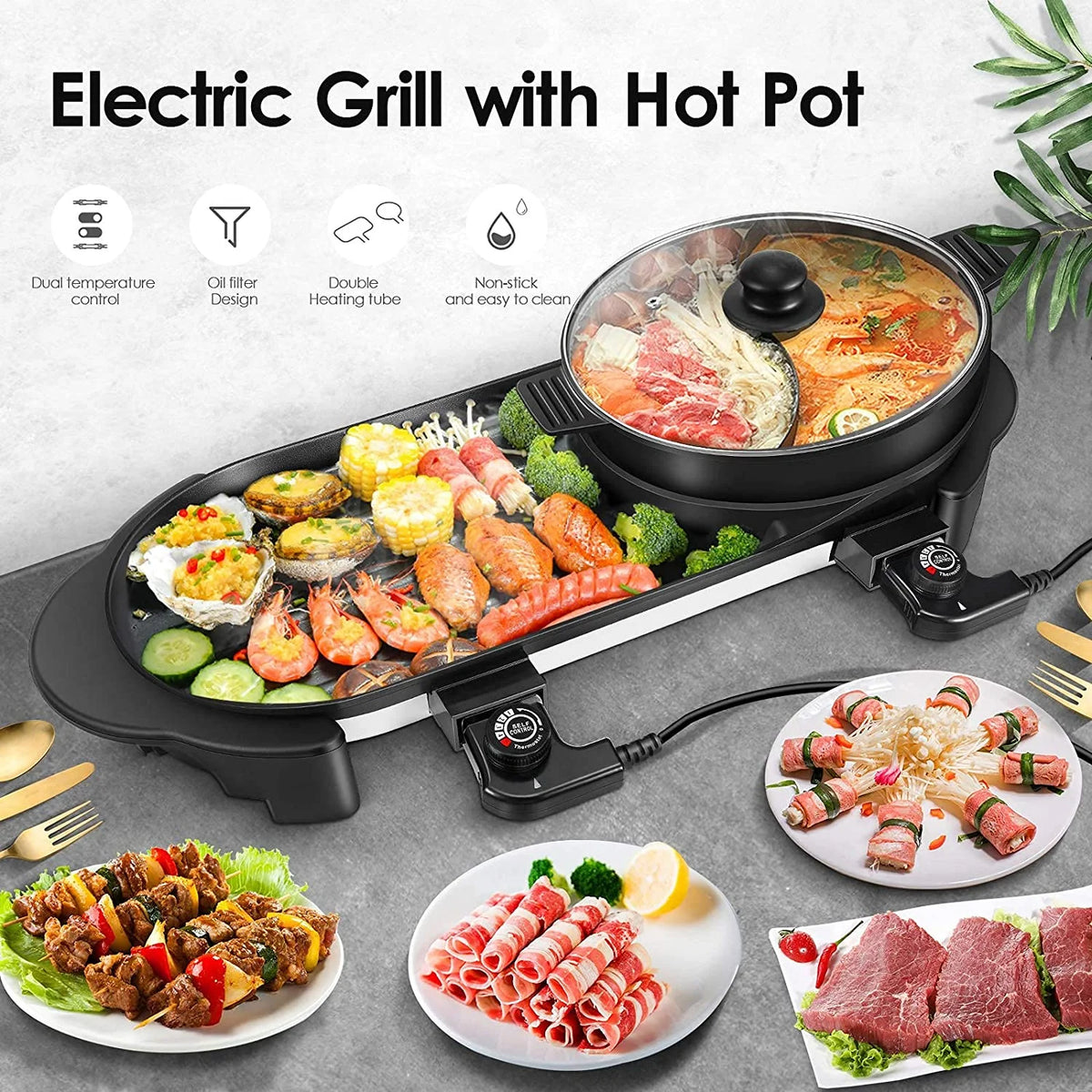 Electric Hot Pot with Grill, Removable Non-Stick Hotpot, 110V X612915