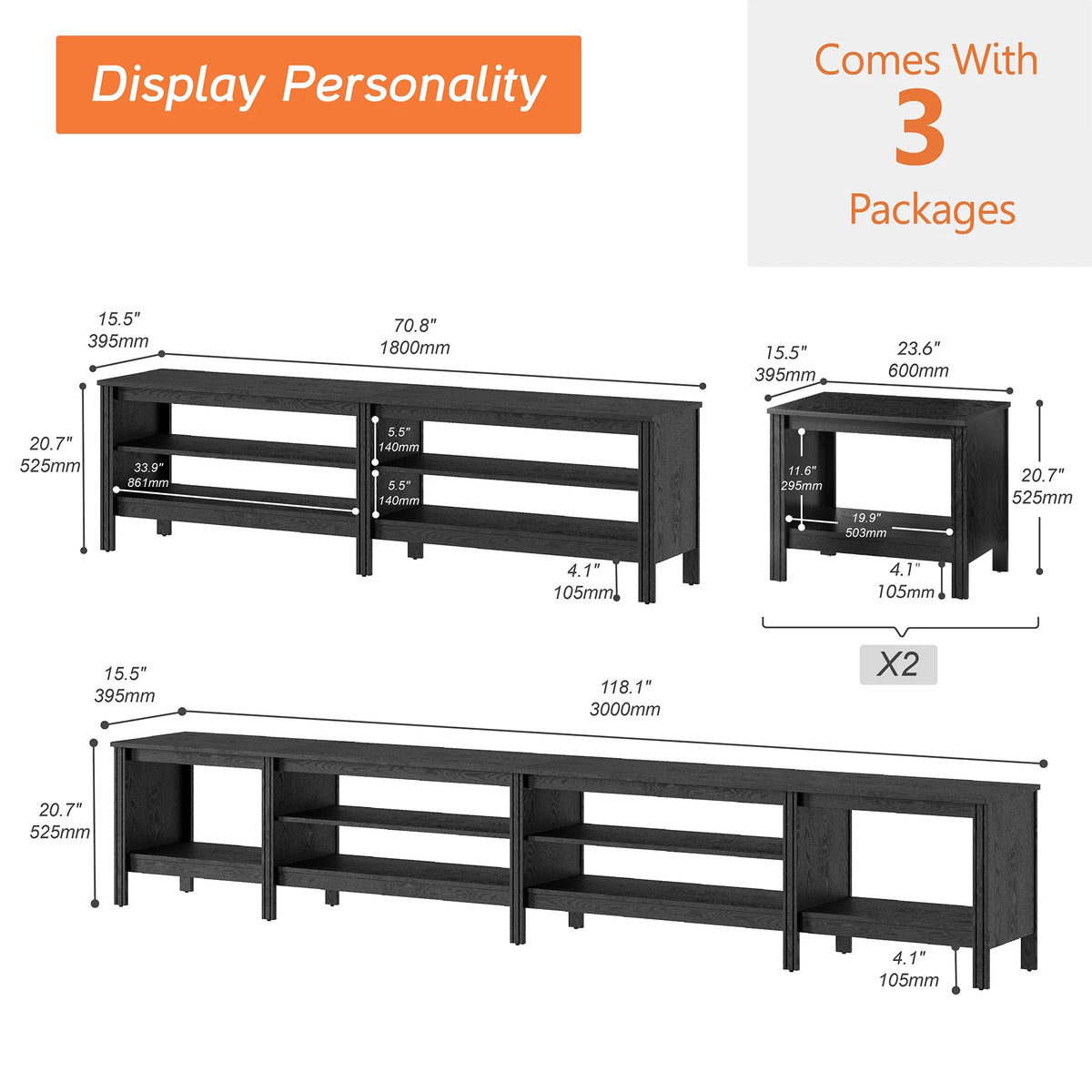 Black Wood TV Stand with 8 Storage P614375