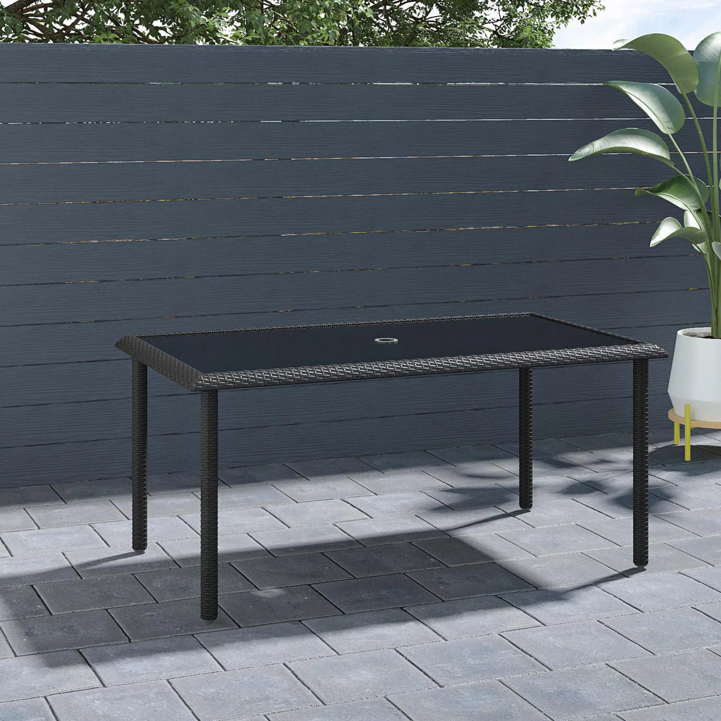 Black Wicker Dining Table with Glass Top and Umbrella Hole V788662