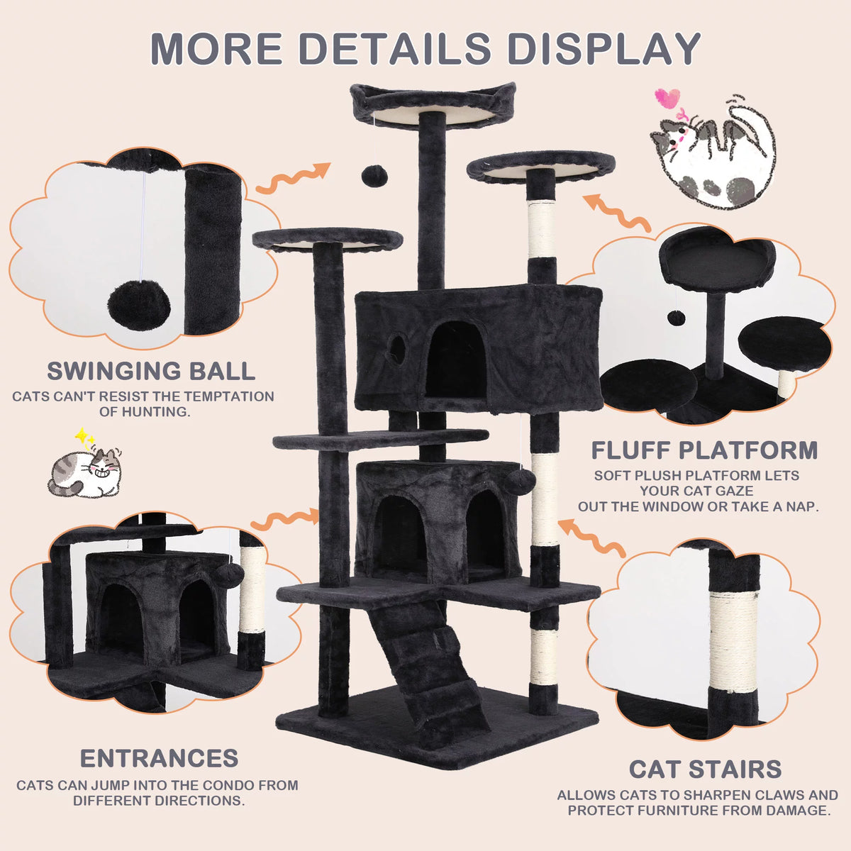 54in Dark Gray Cat Tree Tower with Scratching Posts V508437
