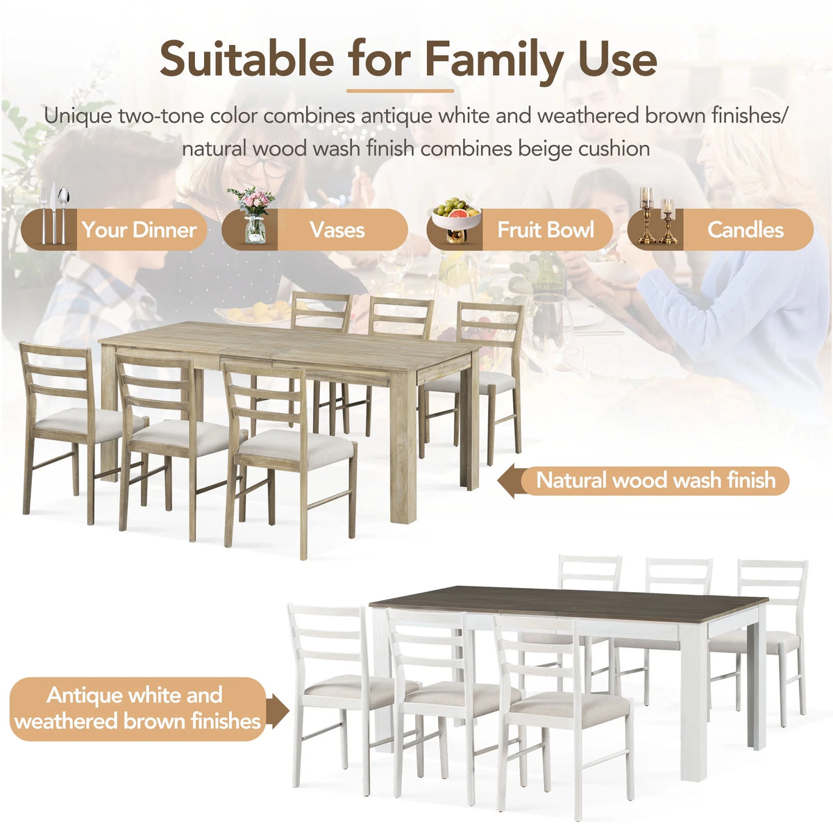 Farmhouse 7 Piece Dining Set Extendable Table with 12” Leaf and 2 Drawers O201303