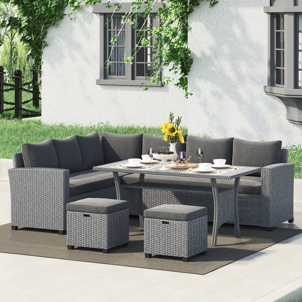Cushioned Rattan Wicker 5-piece Patio Dining Sofa Set Dark Grey H830