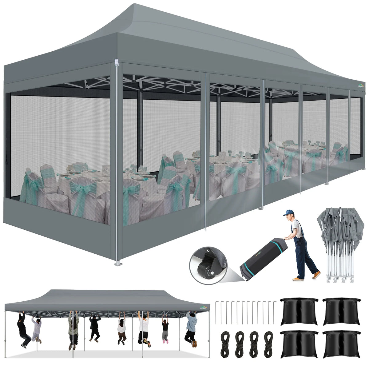 10x15 Heavy Duty Pop up Canopy Tent with Netting and Sidewalls, Black G866