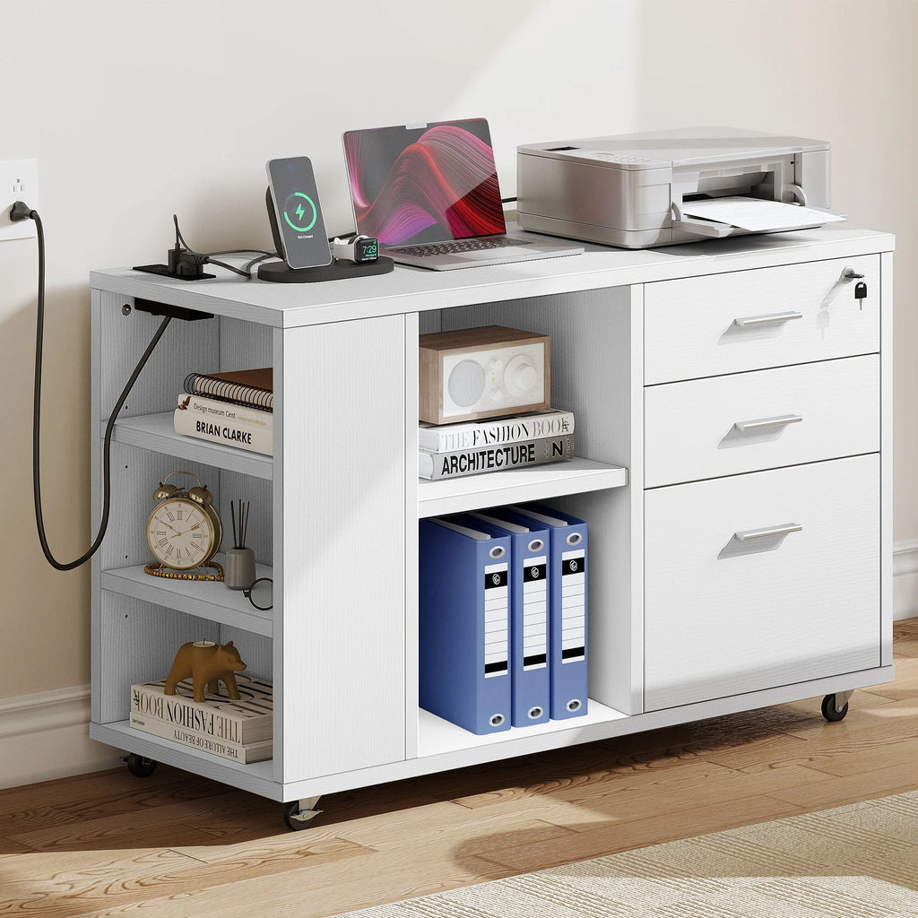 White Wood File Cabinet with Charging Station N6518